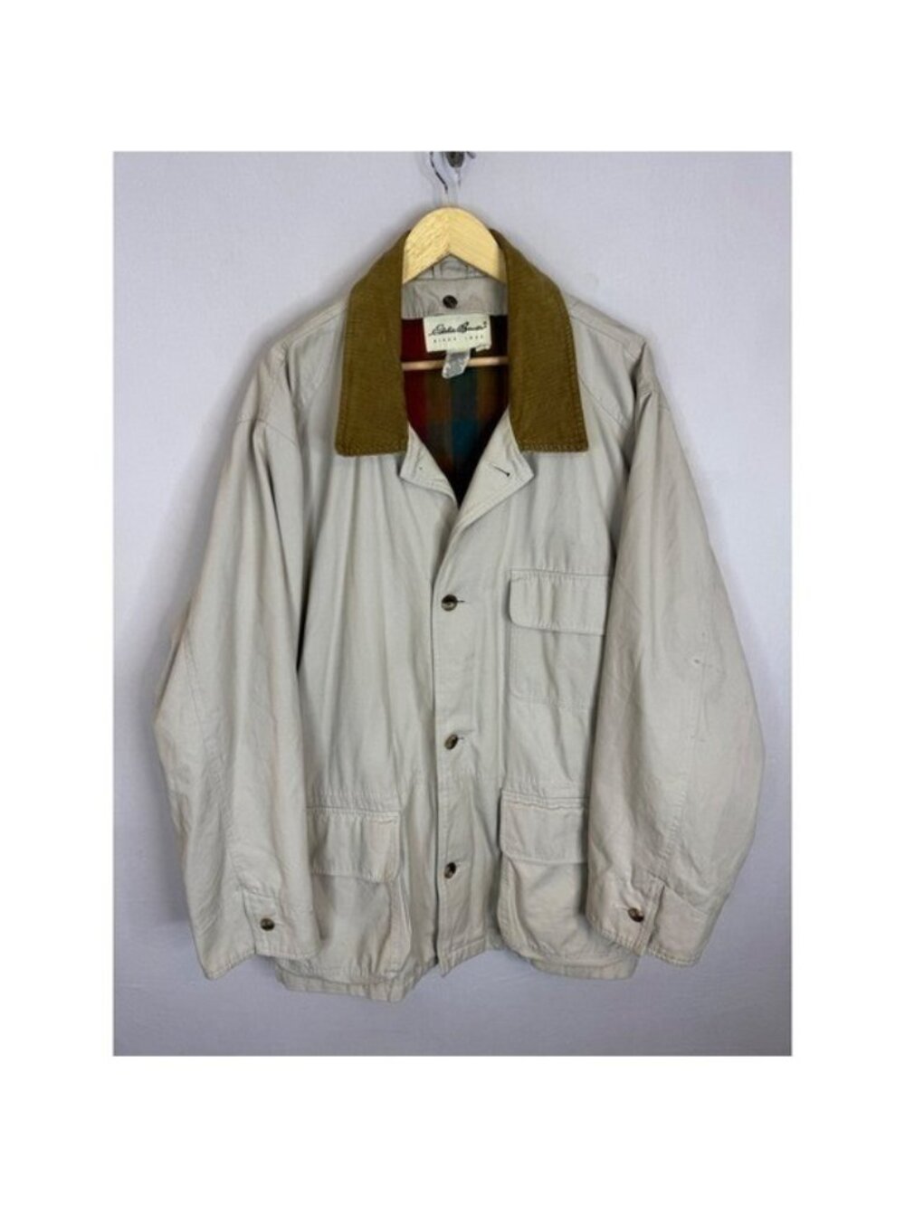 Eddie Bauer 90s Mens L Canvas Barn Coat Beige Plaid Lined Corduroy Field Jacket